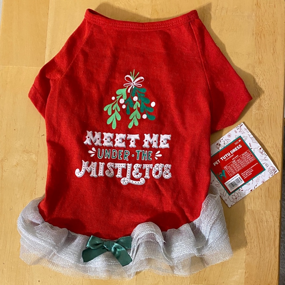 Red Pet Tutu Dress with Mistletoe Design Size Medium